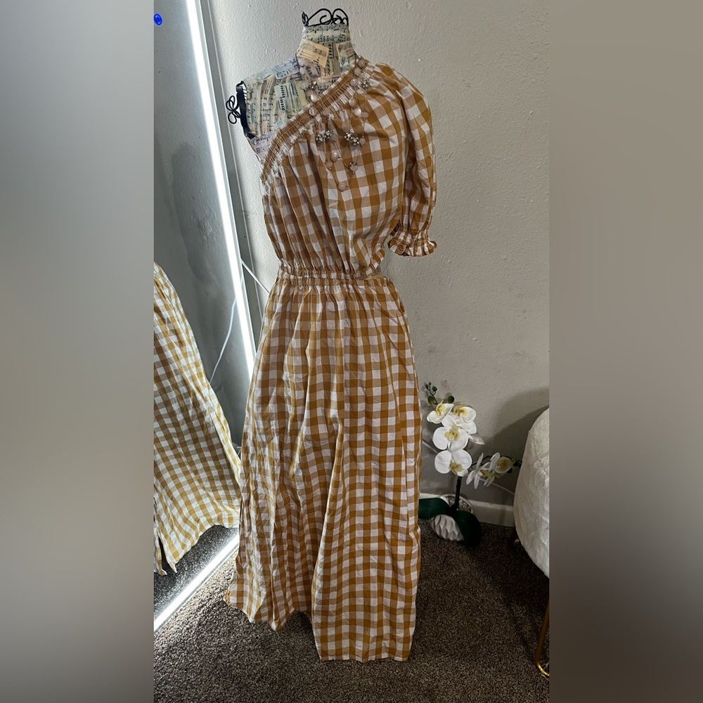 Who What Wear Mustard and Cream Patterned Dress - Picture 4 of 7